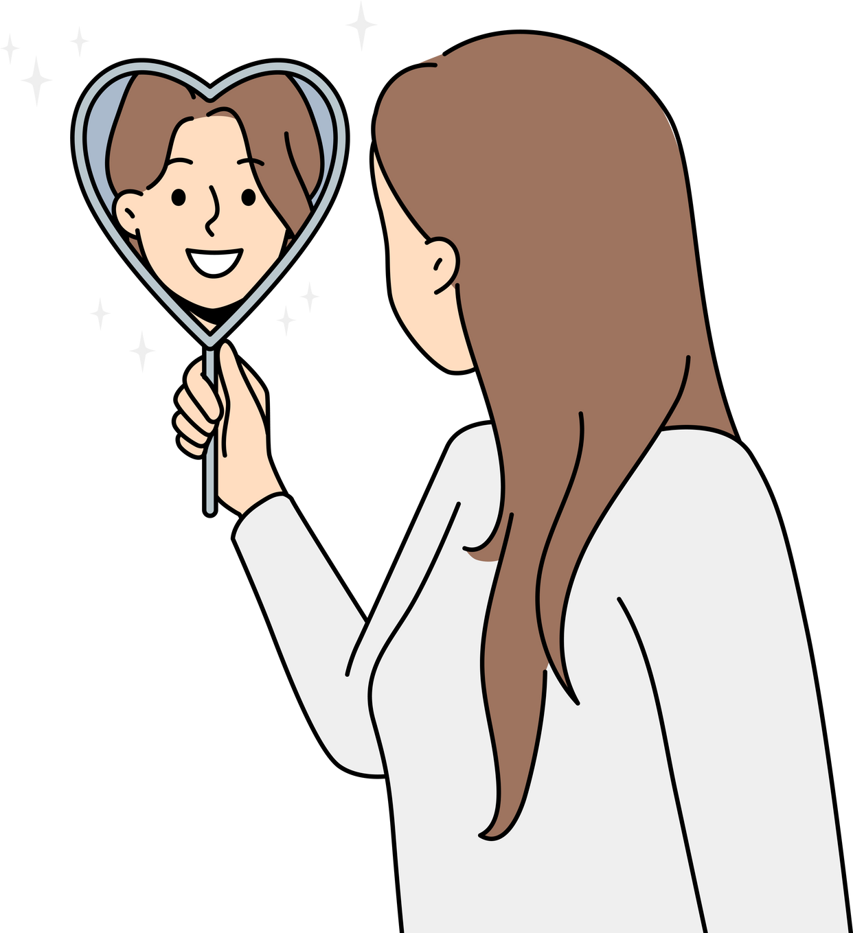 Happy woman look in heart shaped mirror